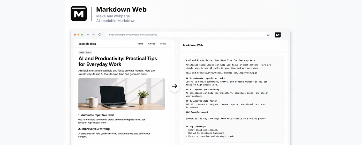 Conceptual before and after showing a webpage converted into clean Markdown